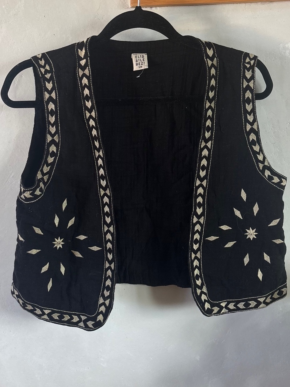 Embroidered Black Boho Vest with Cream Accents